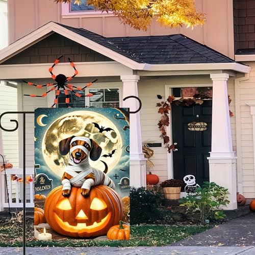 Image of Happy Halloween Garden Flags Ghost Dog Skeleton Dachshund Dog Small Yard Flag for Outdoor Decor 12x18 Inch Vertical Double Sided for Outside Decoration