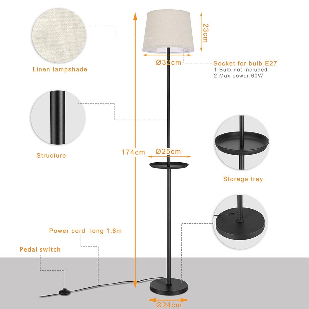 BAKAJI Lampada Piantana da Terra Luce Lampadina E27 Max 60W Base Rotonda Struttura in Metallo Paralume in Tessuto Design Moderno Accensione a Pedale Altezza 174 cm (Nero con Tavolino)