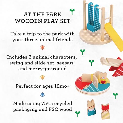 Image of Petit Collage: at The Park Wooden Playset - Wooden Playset for Ages 12mo+ - Includes 4 Moveable Park Rides and 3 Animal Characters - Made with FSC Wood - Makes a Great Gift Idea