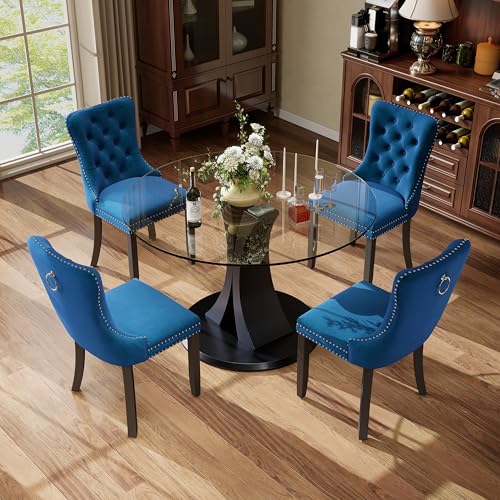 Image of 5-Piece Dining Table Set with 39In Tempered Glass Table and 4 Velvet Upholstered Chairs, Modern Scandinavian Furniture for Dining Room Kitchen(Blue)