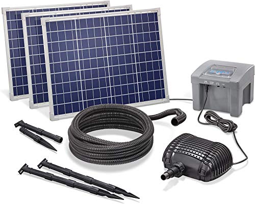 Solar Bachlaufset Professional with 12V/24Ah Akkuspeicher and 3 x 50W Modeul - 3.500 L/H Conveying Capacity - 2,5 M Hoisting Altitude - 5m Spiral Hose - Stream Pump Garden Pond Esotec 101976