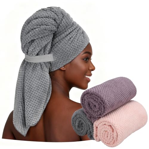 HAPPY FINDING 3 Stück Mikrofaser Handtuch für Langes Haar Schnell Trocknend Super Saugfähig 100x60 cm Haar Handtuch