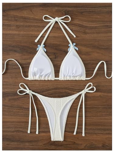 Women's 2 Piece Y2K Solid Bikini Set Halter Tie Bow Front Bikini Triangle Beachwear Swimsuit High Cut Bathing Suit2