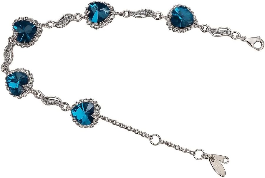 Blue Heart Crystal Bracelet for Women, 18K White Gold Plated Sparkling Sapphire Color Birthstone Link Bracelet, Adjustable "Something Blue" Jewelry Gift for Wedding, Anniversary (7.5"-8.5") B63 - Image 4