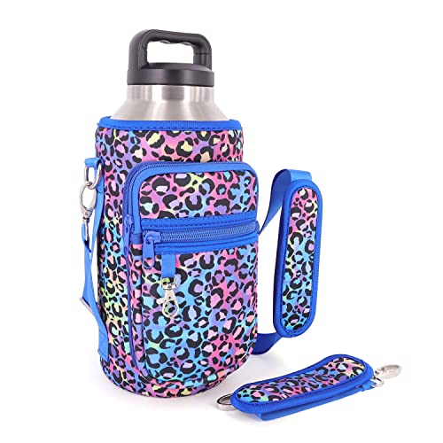 AJLTPA Half Gallon Jugs Water Bottle Holder with Strap and 2 Pockets, Water Bottle Sleeve Carrier For Half Gallon Jugs 64oz Flask (Blue Cheetah)