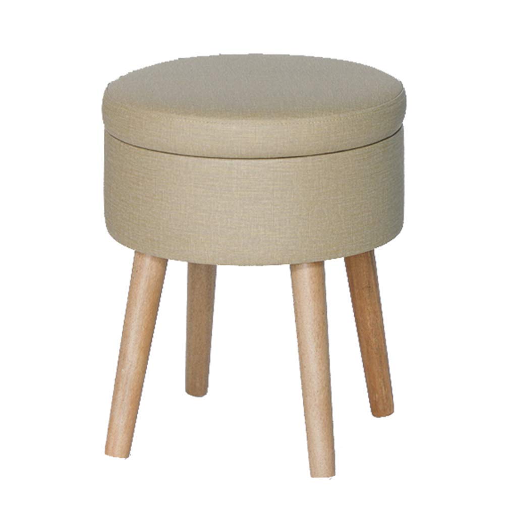 Tabouret de coiffeuse rond beige, pouf assise avec boîte de rangement pieds bois