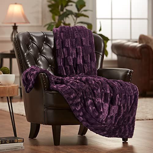 Chanasya Embossed Faux Fur Throw Blanket - Super Soft, Lightweight Minky Blanket - 50" x 65” - Aubergine