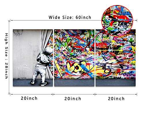 Classic Street Art Banksy Graffiti Wall Art Behind The Curtain Posters Canvas Paintings Colorful Graffiti Pictures Prints Stretched And Framed For Living Room Home Decor - 60” X 28” #TOP3