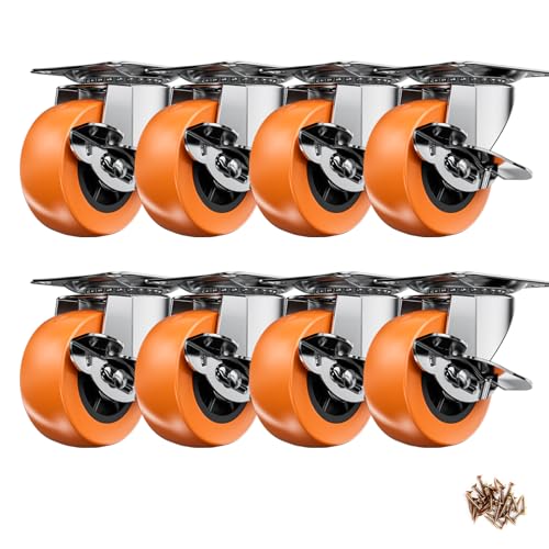 1.5 Inch Casters, ASHGOOB Caster Wheels with Side Brake, Locking Casters Set of 8, Industrial/Furniture Swivel Plate Caster Wheels for Workbench and Carts, Orange Polyurethane (PU) Castors (8 Pack)