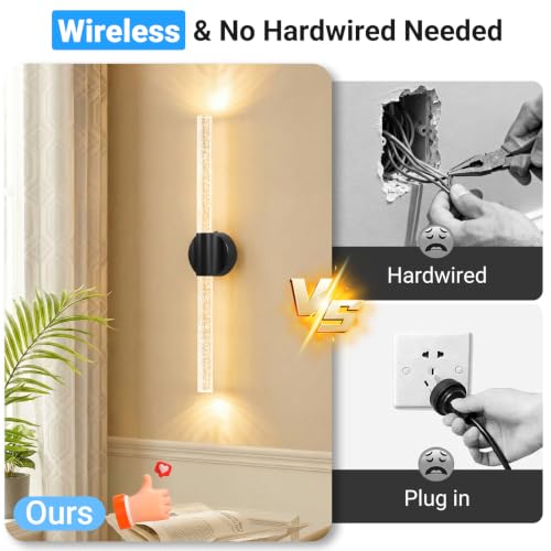 Image of Black Battery Operated Wall Sconces Set of 2 Peel and Stick on, 20.9 inch