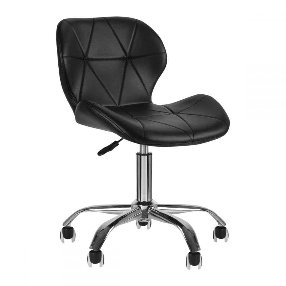 Sedia Comfort Ecopelle, Senza Braccioli, a Rotelle Girevole con Ruote in Gomma, Imbottita, Moderna, da Camera da Letto, Studio o Centro Estetico, Acciaio, Altezza Regolabile, Nera.