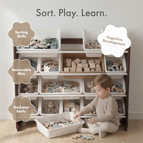 Image of Humble Crew Toy Storage Organizer with 16 Removable Storage Bins for Kids Playroom, 4-Tier Toddler Toy Organization and Storage, Espresso /White