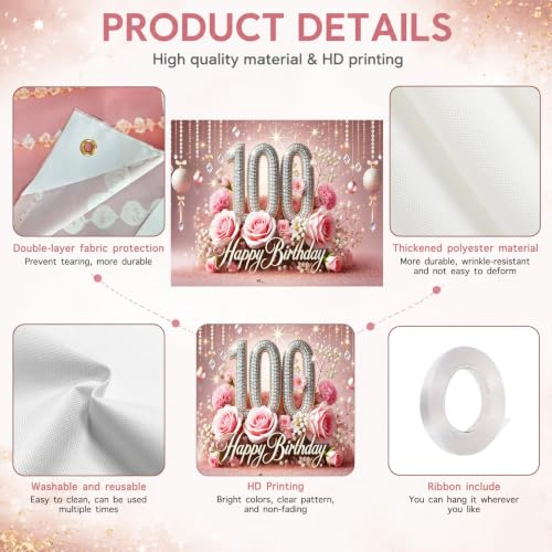 Image of Nuxovilar 100th Birthday Banner - Elegant Pink & Gold Floral Backdrop