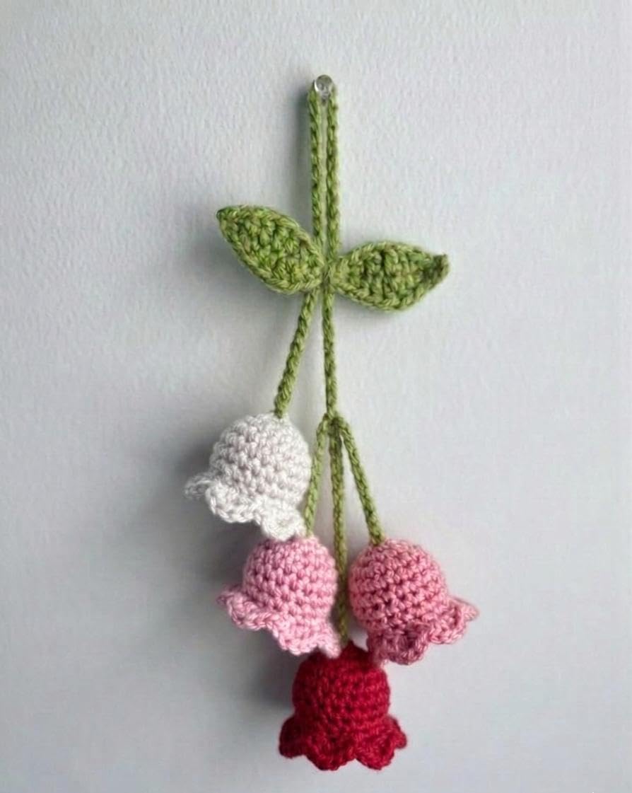 Handmade Crochet Hanging Flower Wall Decor, White, Pink and Red Floral Bouquet with Green Leaves-image-31