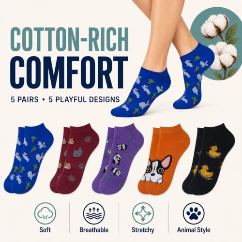 Image of KONY Women's Cotton Ankle Socks, Fun Novelty Patterns, 5 Pairs