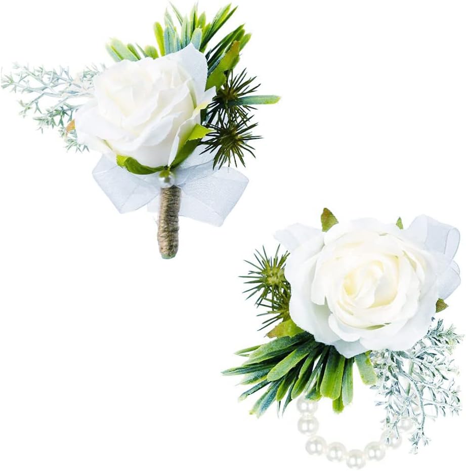 OenotheraOenothera 2 Pcs Wedding Boutonniere, Rose Wrist Flowers, Handmade Corsage, Boutonniere Set for Wedding Ceremony Anniversary, Formal Dinner Party And French Wedding