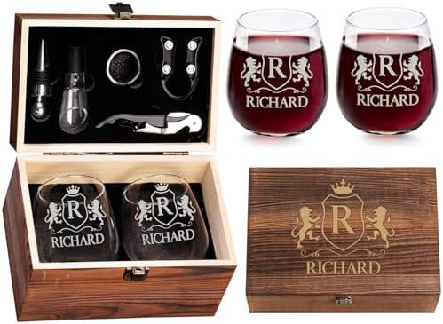 Custom Monogram Initial Name Engraved Set of 2 Stemless Wine Glasses and Accessories with Wood Box Design Your Own Personalized Gift for Him Her 12 Designs
