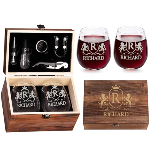Custom Monogram Initial Name Engraved Set of 2 Stemless Wine Glasses and Accessories with Wood Box Design Your Own Personalized Gift for Him Her 12 Designs