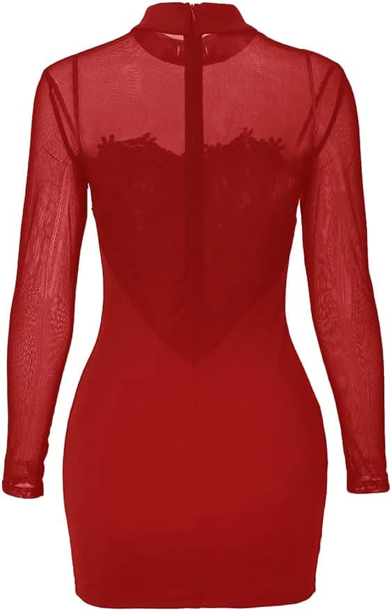Womens Long Sleeve Bodycon Mini Dress Mock Neck Sheer Mesh Patch Night Out Party Short Dress - Image 6