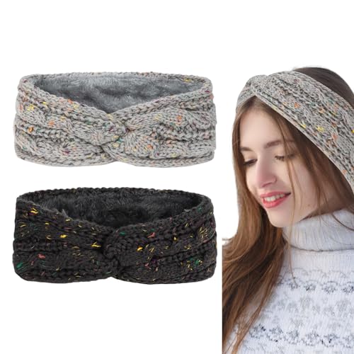 CAVETEE Headbands, 2 Pieces Winter Hairbands for Women - Soft Wool Ear Muffs for Winter, Crochet Ear Protector Bandana Lined with Plush Fleece, Elastic for Women Girls