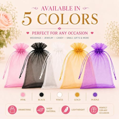 Image of ANZNKU 100PCS Organza Bags 5x7 Multicolor, Small Gift Bags Bulk for Treat Goodie Candy Soap Jewelry Pouch, Sheer Mesh Bag Drawstring for Wedding Birthday Party Favor Baby Shower Graduation (5 Colors)