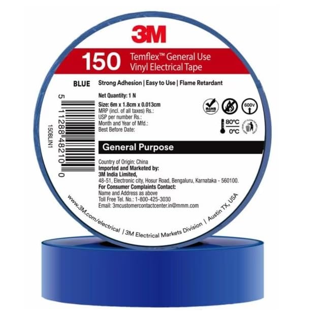 3M Temflex 150 Vinyl Electrical Tape, For Residential and Commercial, Use in General wire harness taping, bundling wires, cables and wire pulling and fishing (18mm X 6M, 10 Rolls/Pack, Blue) (B0CVRZDFQV) Amazon Price History, Amazon Price Tracker