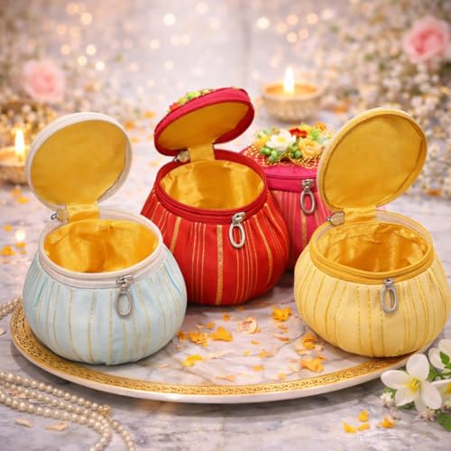 Image of Jaipur Ace Shagun Potli Gift Box Set of 4 with Zipper | Decorative Velvet Jewelry Organizer & Cash Storage Box | Wedding Return Gifts, Rakhi Gift Box, Bridal Shagun Box, Festive Gift Packaging, Money Holder Pouch (SET OF 4)