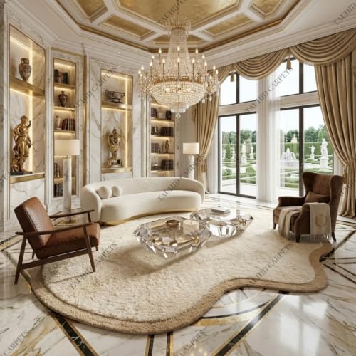 Image of Tauhid Carpet Modern Irregular Shape Shaggy Rug | Super Soft Microfiber Area Carpet for Living Room, Bedroom Designer Cloud Shape Ivory with Beige Border 6 x 8 Feet.