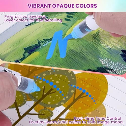 Image of Acrylic Paint Markers, 12 Colors Dual Tip Acrylic Paint Pens, Water-Based No-Bleed Markers with Automatic Ink Control System, Bullet & Brush Tip, Works on Paper, Wood, Ceramic, Rock