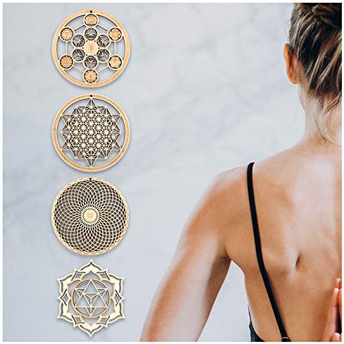 5.31" Sacred Geometry Wall Art 4 Pcs Set, (Metatron Cube, 64 Tetrahedron, Torus, Merkaba) Crystal Grid Meditation Chakra Wooden Wall Art Yoga Decor Spiritual Gifts #TOP3