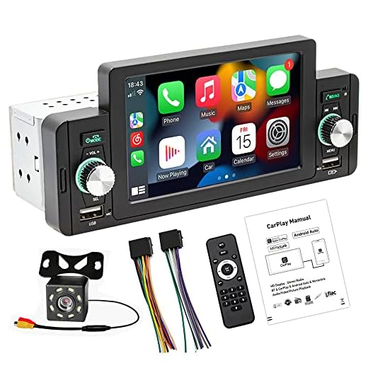 1 Din Apple CarPlayer Android Auto Stereo Media Receiver 5" Pantalla táctil Radio de coche con soporte Bluetooth Manos libres Llamadas FM SWC USB AUX Mirror Link + 8 LED Cámara de respaldo