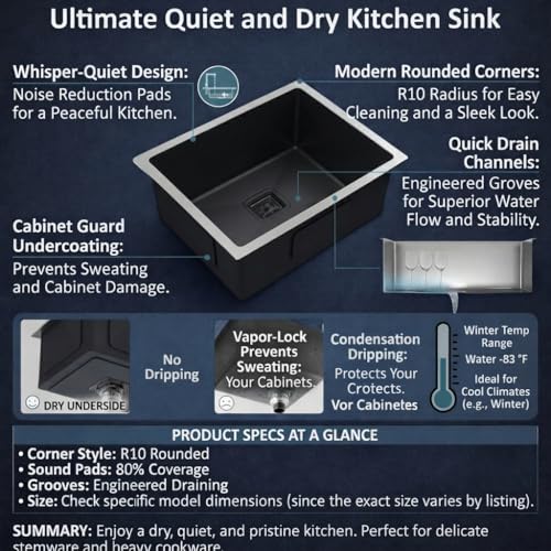 Image of RUVEL Kitchen Sink 24 inchx18 inchx9 inch | Premium Handmade 304 Grade Stainless Steel Single Bowl | Heavy Duty, Rust & Scratch Resistant | Includes Waste Coupling, Drain Rack & Hose Pipes | Black - Matt Finish