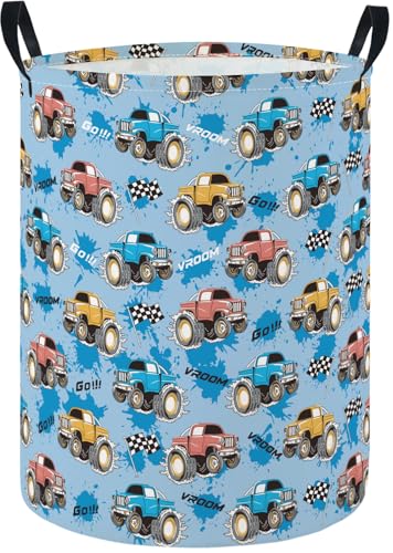 Image of Baby Laundry Hamper Basket Baby Hamper for Nursery Boy and Girl Cute Storage Bin Organizer Boho Room Decor(Monster Truck)
