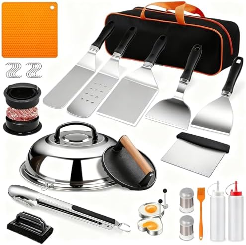 Griddle Accessories for Blackstone, 28Pcs Hibachi Cooking Utensils Set, Flat Top Grill Tools with Spatula, Burger Press, Basting Cover for Camp Chef, Grilling Gifts for Men,Dad,Husband