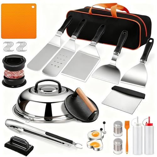 SmeltGrid Griddle Accessories Kit for Blackstone, 28Pcs Hibachi Tools Accessories Set for Flat Top Teppanyaki with Griddle Spatula, Burger Press& Trivet Mat, BBQ Christmas Grilling Gifts for Dad,Men