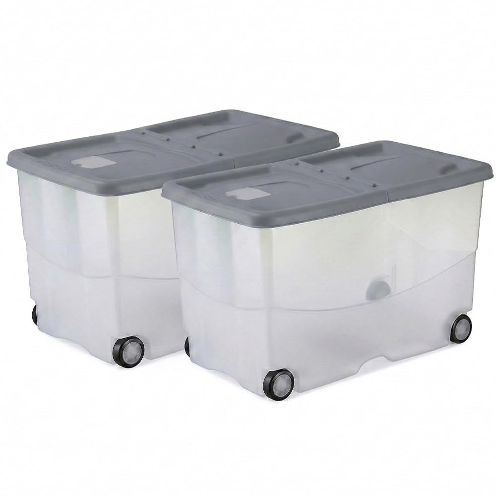 Set 2 Contenitore Multiuso 57 Litri con 4 Ruote Coperchio Grigio Doppia Apertura Box Organizer casa con Tasca Antitarme H36 x L56 x P38 cm in Plastica BPA Free portaoggetti salvaspazio Made in Italy