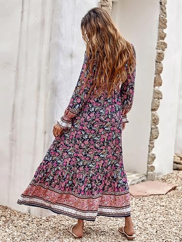 PRETTYGARDEN Long Sleeve Maxi Dress for Women V Neck Casual Button Down Boho Long Floral Dresses