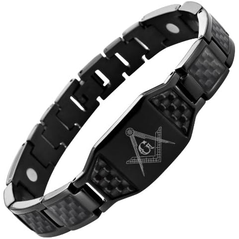 MasonicMan Men's Black Titanium Magnetic Bracelet Masonic Logo and Black Carbon Fiber Adjustable Cover