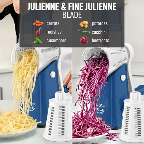 Image of Zulay Kitchen Rotary Cheese Grater 5 Blade Cheese Shredder - Manual Hand Crank Cheese Grater With Reinforced Suction & 5 Interchangeable Drums - Easy to Use, Vegetable Chopper Round Mandoline Slicer