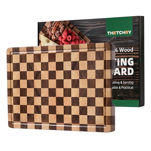 THETCHRY Cutting Boards for Kitchen, Checkered Wood Cutting Board, Walnut Chopping Board with Juice Grooves & Handles, Butcher Block Serving Tray with Gift Box 16.5' x 11.6' x 0.8'