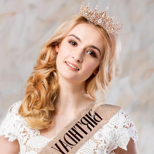 Image of Fesciory Birthday Crown for Women, Gold Plated Crystal Tiara with Sash | Sparkling Princess Queen Tiara, Adult Fit, Birthday, Wedding, Prom, Coming of Age Gifts & Halloween Costume Accessories