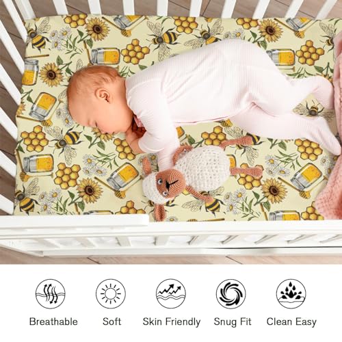 Image of Retro Honey Bees Sunflowers Baby Crib Sheets - 52 inchx28 inch Vintage Bees Daisy Floral Soft Breathable Mattress Cover - Fits Standard Crib and Toddler Mattress