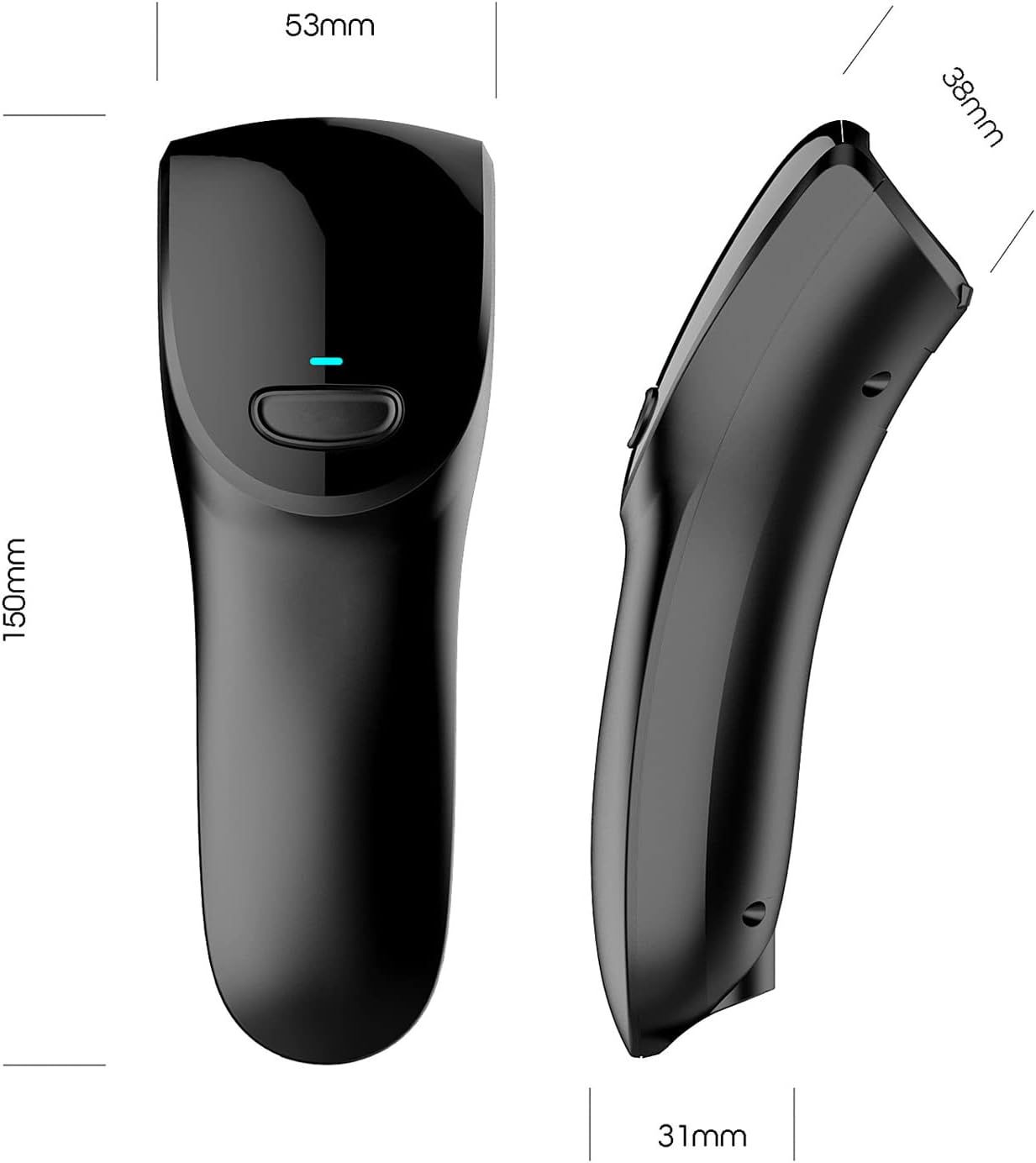Diagram showing the dimensions of the Datamax M11 barcode scanner: 150mm length, 53mm width, 38mm height, 31mm base width.