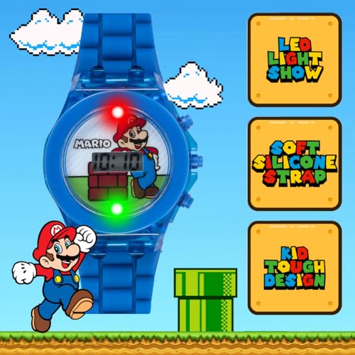 accutime super mario kids lcd digital watch with flashing lights in dial featuring mario design and molded silicone strap  easy-read time display  durable build  fits wrists 5534 to 834