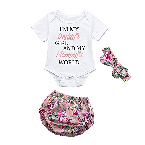 Reasoncool Infant Baby Girl Outfit Sets Newborn Letter Printed Short Sleeve Romper Flower Shorts Pant Headband Clothes (24 Month, White)