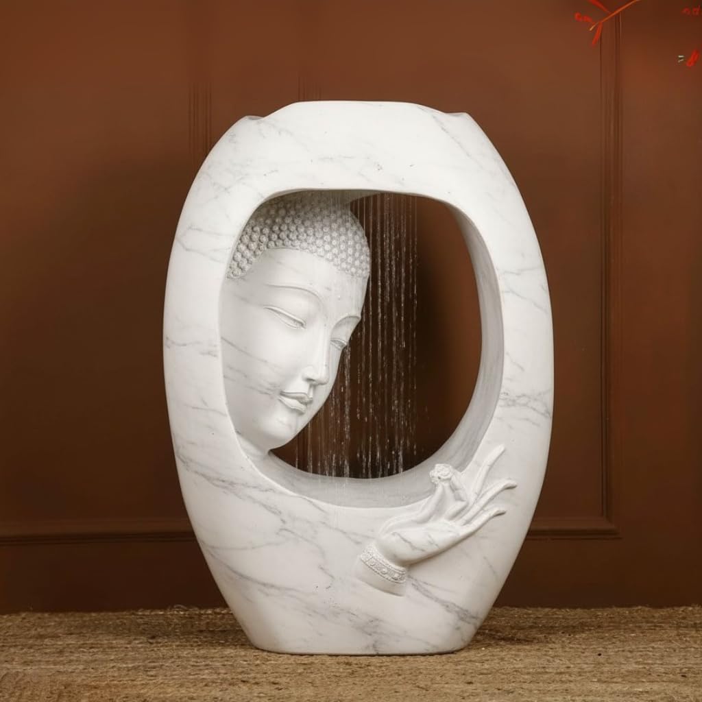 SwarnNest Interiors Buddha Face Water Fountain, 3 Feet, LED Illuminated Indoor Fountain, 91 cm Height, Black (Marble White Color)-image-31