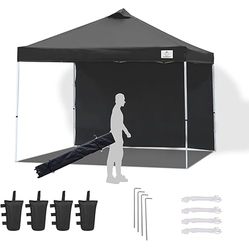 ISAGAPOY Pop up 10x10 Canopy Tent Compact Canopy, Portable Shade Instant Folding Better Air Circulation Canopy with Wheeled Bag x1 Sidewall x1 Canopy Sandbags x4 Tent Stakes x4