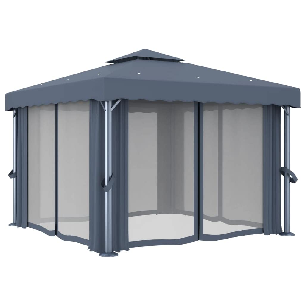 Gazebo 3x3 m Antracite Con Tende E Luci Led Solari | Alluminio e acciaio, poliestere con rivestimento PA, tetto doppio, zanzariere incluse