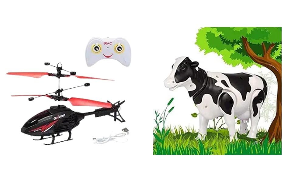 Image of RC Helicopter & Musical Walking Cow Toy Combo | Infrared Induction Helicopter with 3D Lights + Battery Operated Cow Toy with Light & Sound | Fun Toys for Kids