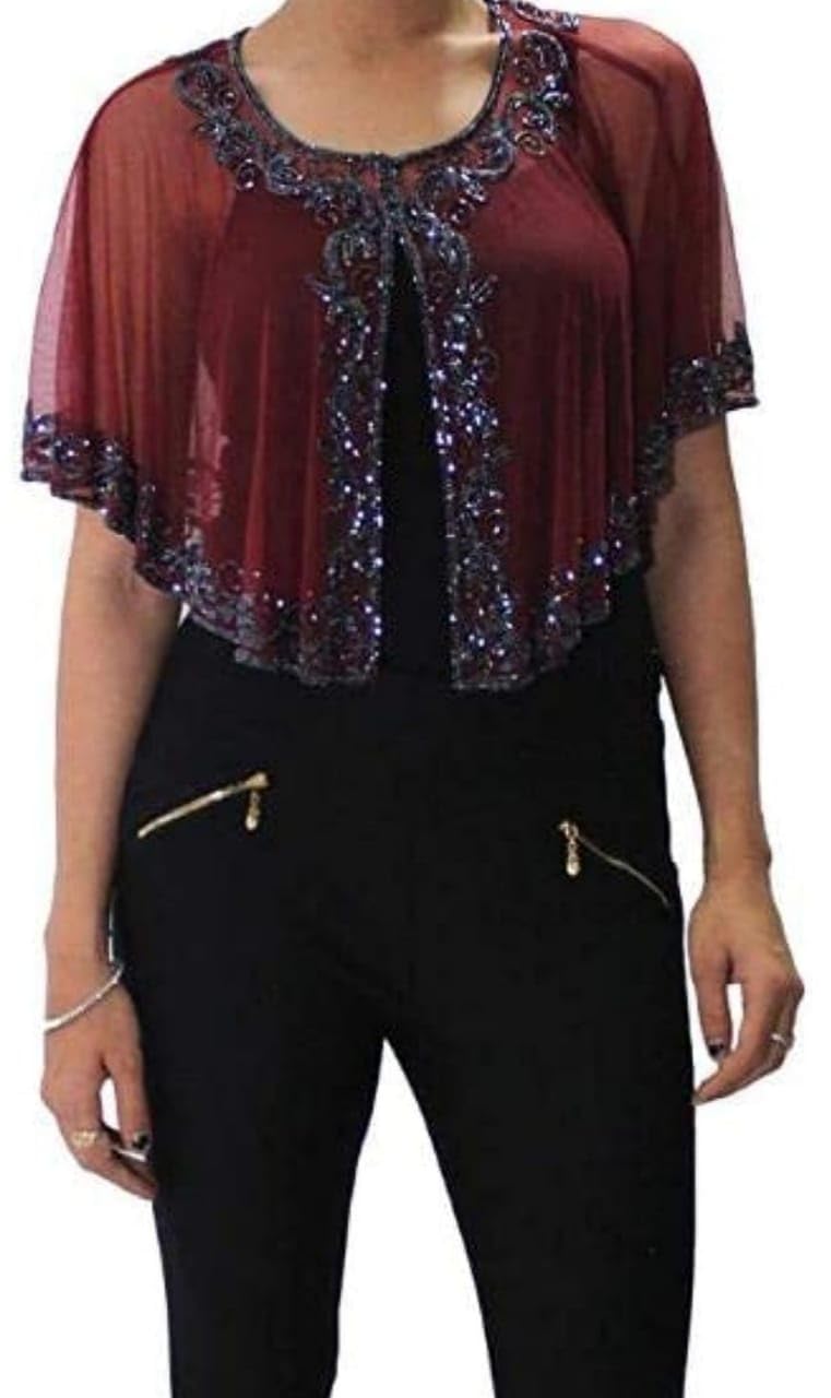King Fashion Women Sleeves Poncho Net with Bead Embroidery Cut Shoulder Round Neck-image-43